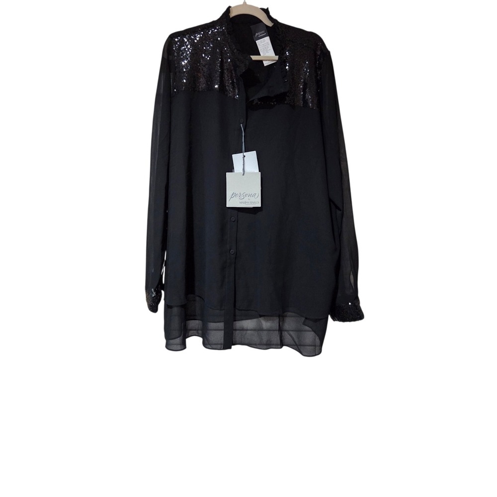 NWT Marina Rinaldi Persona Black Long Sleeve Chiffon Sequin Blouse Size 22W $245